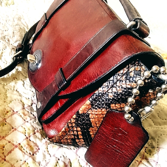 Coach handbag/cross body purse brown leather and snake skin. Silver zippers. - Picture 5 of 7